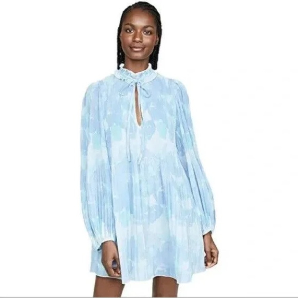 Ganni Blue Pleated Tie Front Mini Dress